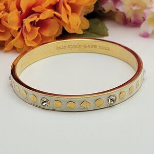 Kate Spade NY Bangle Bracelet Gold Tone White Enamel Crystal Charm 8"